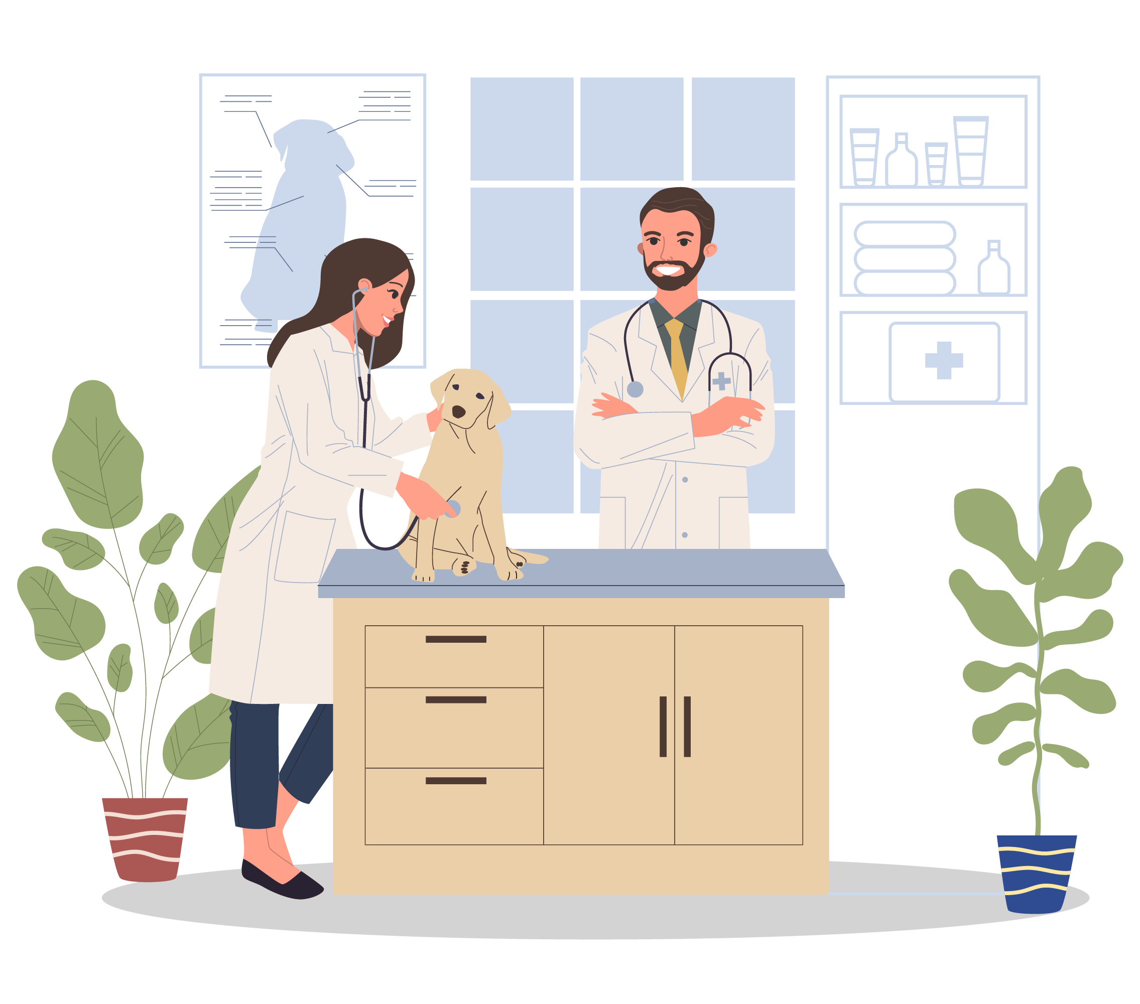 Illustration of two veterinarians examining a yellow lab puppy