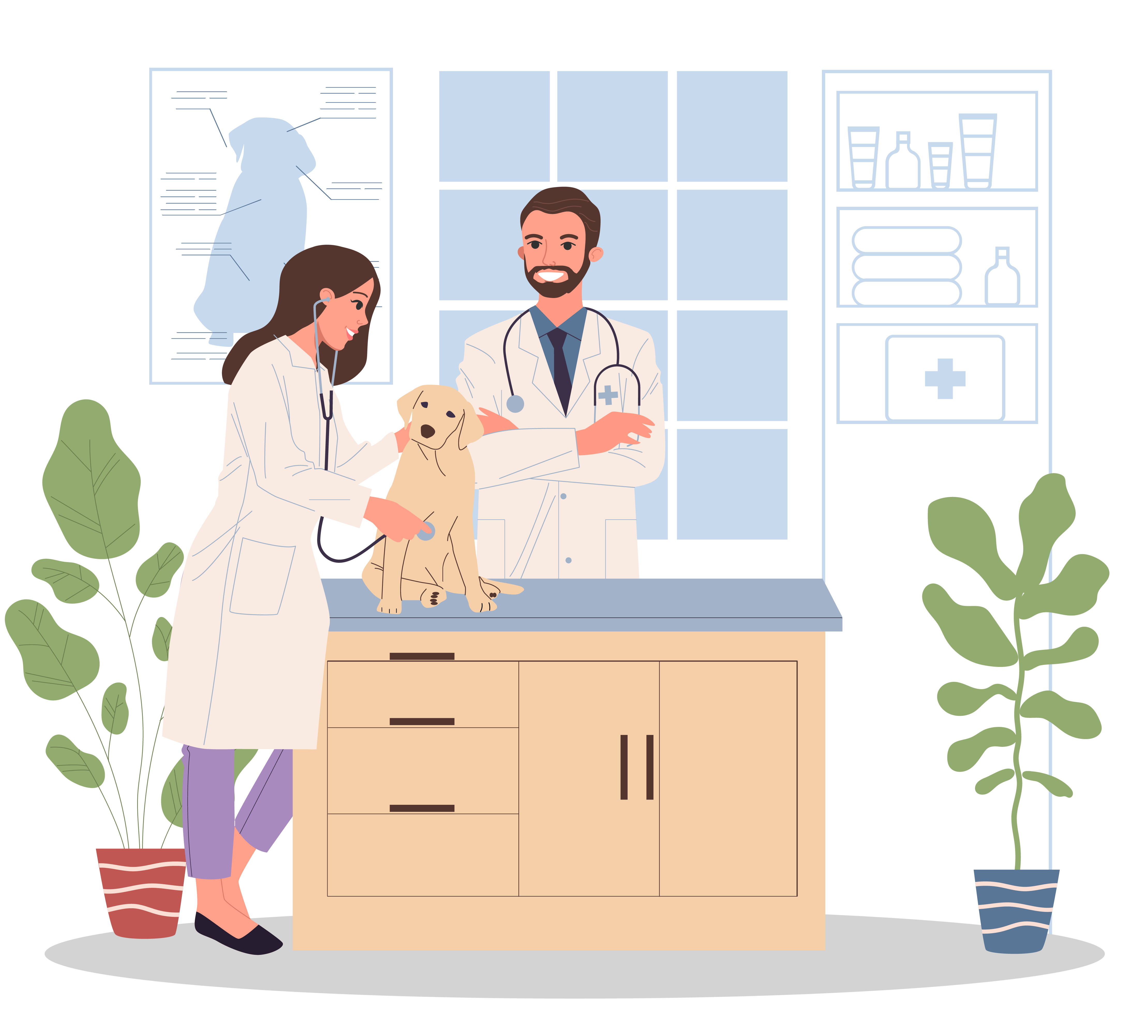 Illustration of two veterinarians examining a yellow lab puppy